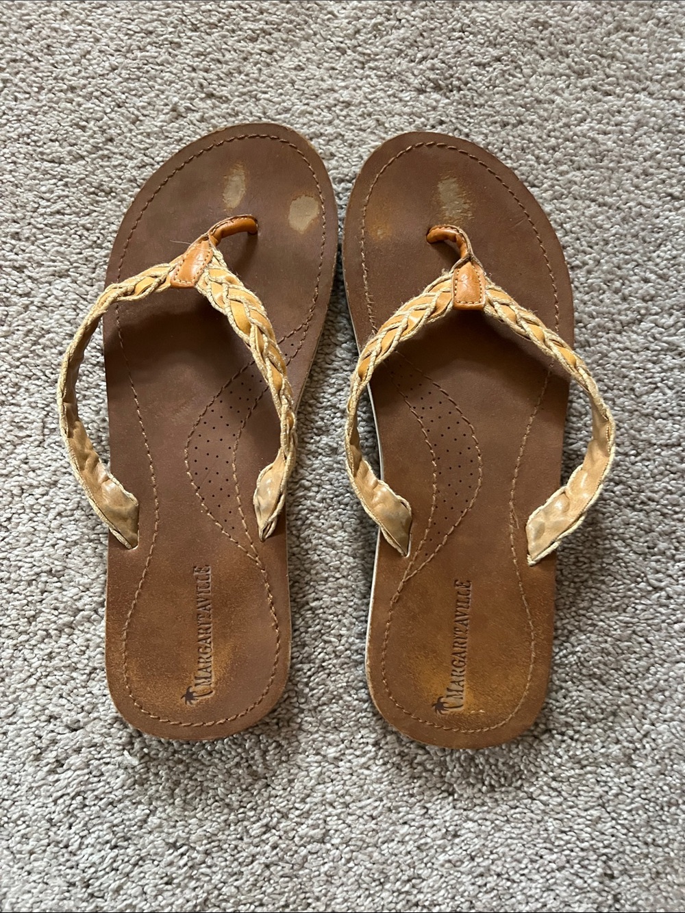 Margaritaville Braided Tan and Light-Tan Leather Flip Flop Sandals
